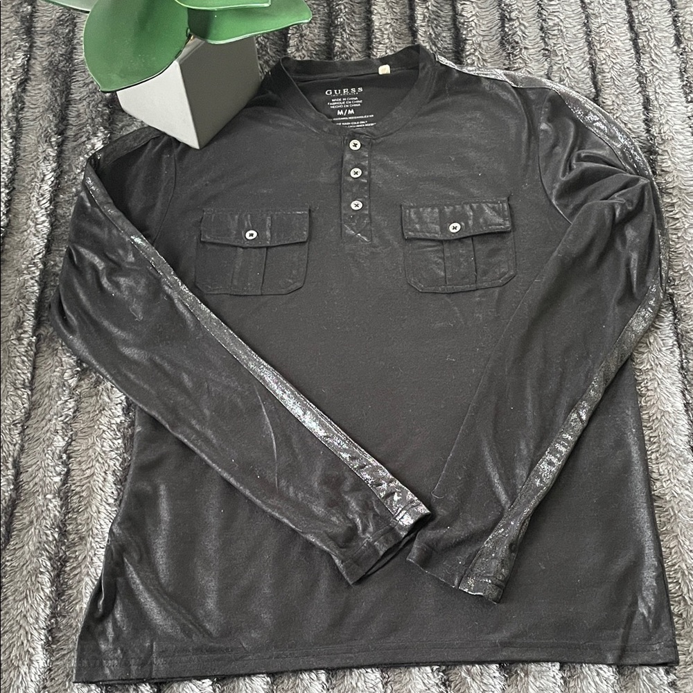 GUESS Men's Black Long Sleeve Shirt with Button Pockets